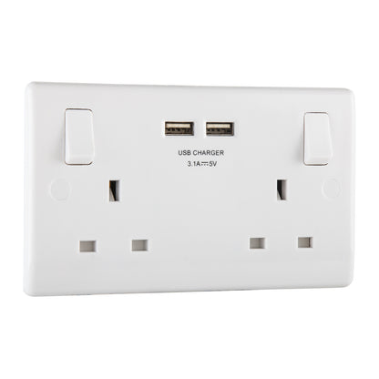 British General BG Moulded 13 Amp Power Double Socket with USB Charger, White (822U3)