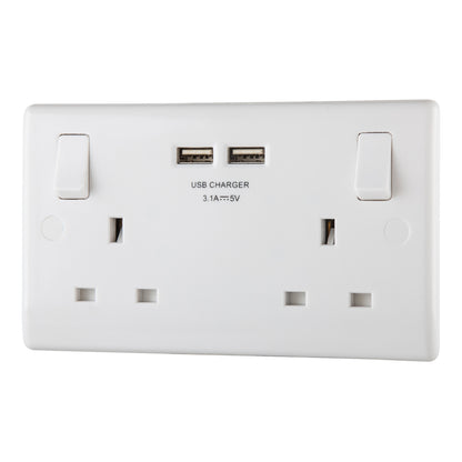 British General BG Moulded 13 Amp Power Double Socket with USB Charger, White (822U3)