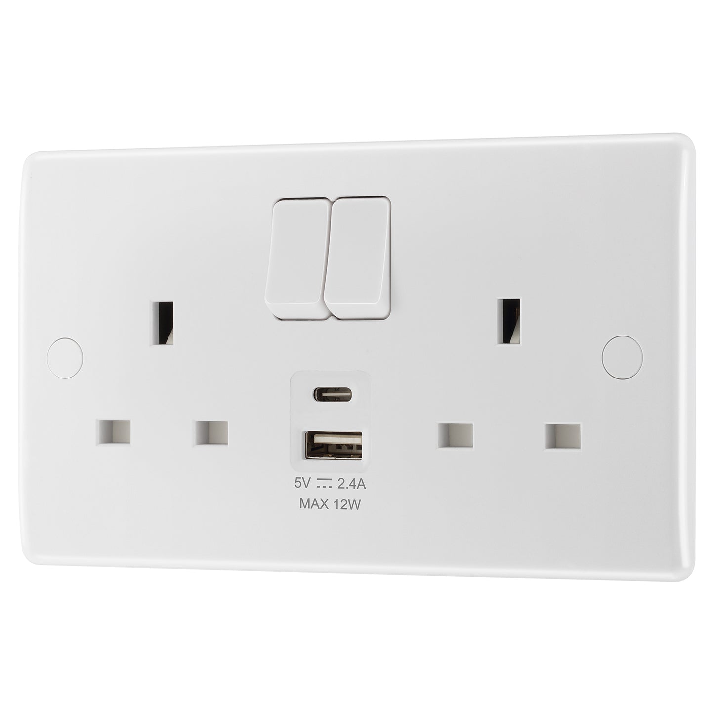 British General BG Moulded Double Gang Switched 13A Power Socket With 12W USB-C+A (822UAC12)