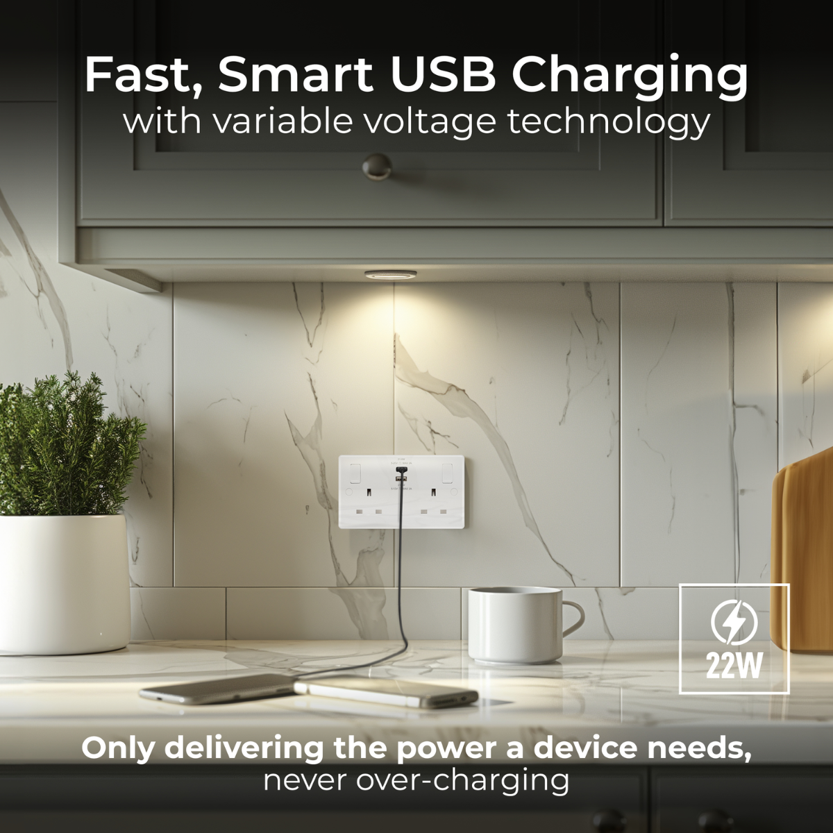 British General BG White Moulded 2 Gangs Sockets With 22W Output USB A & C (822UAC22)