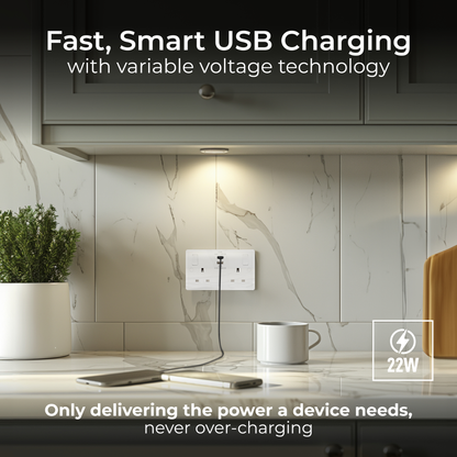 British General BG White Moulded 2 Gangs Sockets With 22W Output USB A & C (822UAC22)