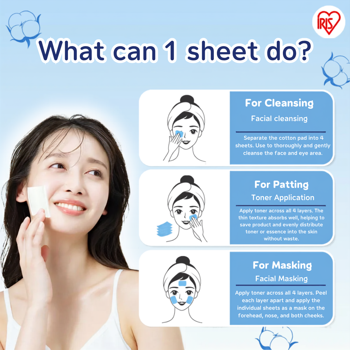 IRIS OHYAMA 4-Layer Less Toner Cotton Pads 80pcs 100% Japanese Cotton Toner-Saving Facial Cotton Pads (COT-4L)