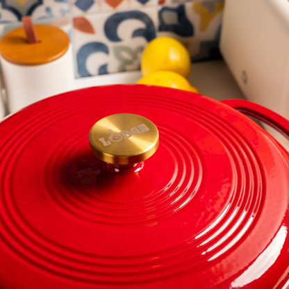Lodge 7.5Quart 11.5" Ruby Enameled Cast Iron Dutch Oven Enamel Pot with Gold Knob (EC7D402G)