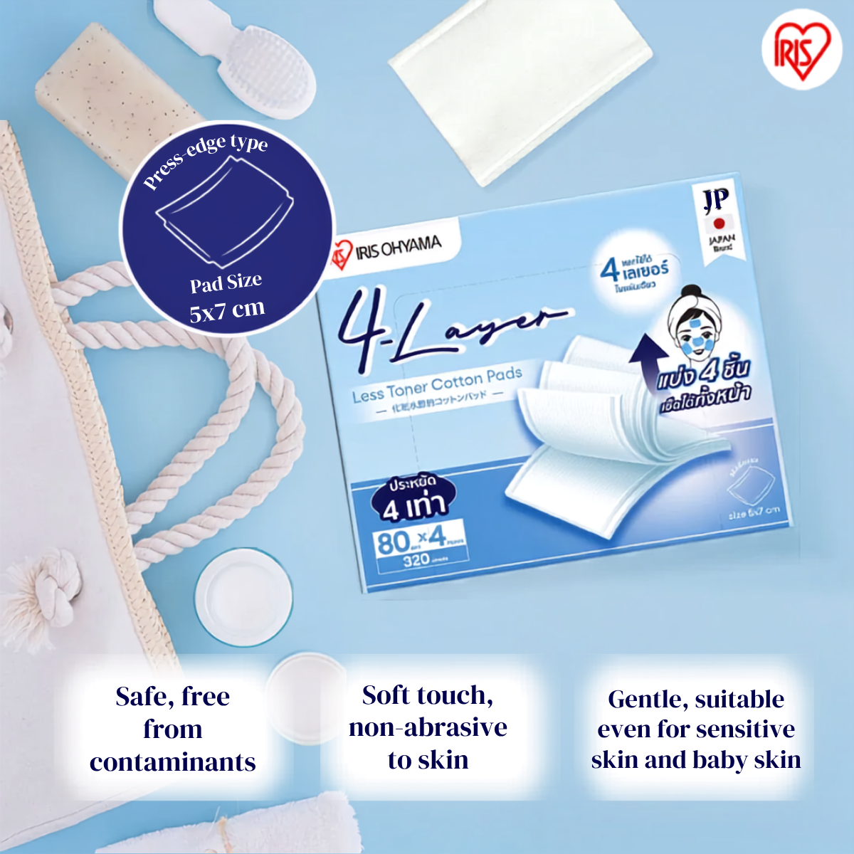 IRIS OHYAMA 4-Layer Less Toner Cotton Pads 80pcs 100% Japanese Cotton Toner-Saving Facial Cotton Pads (COT-4L)