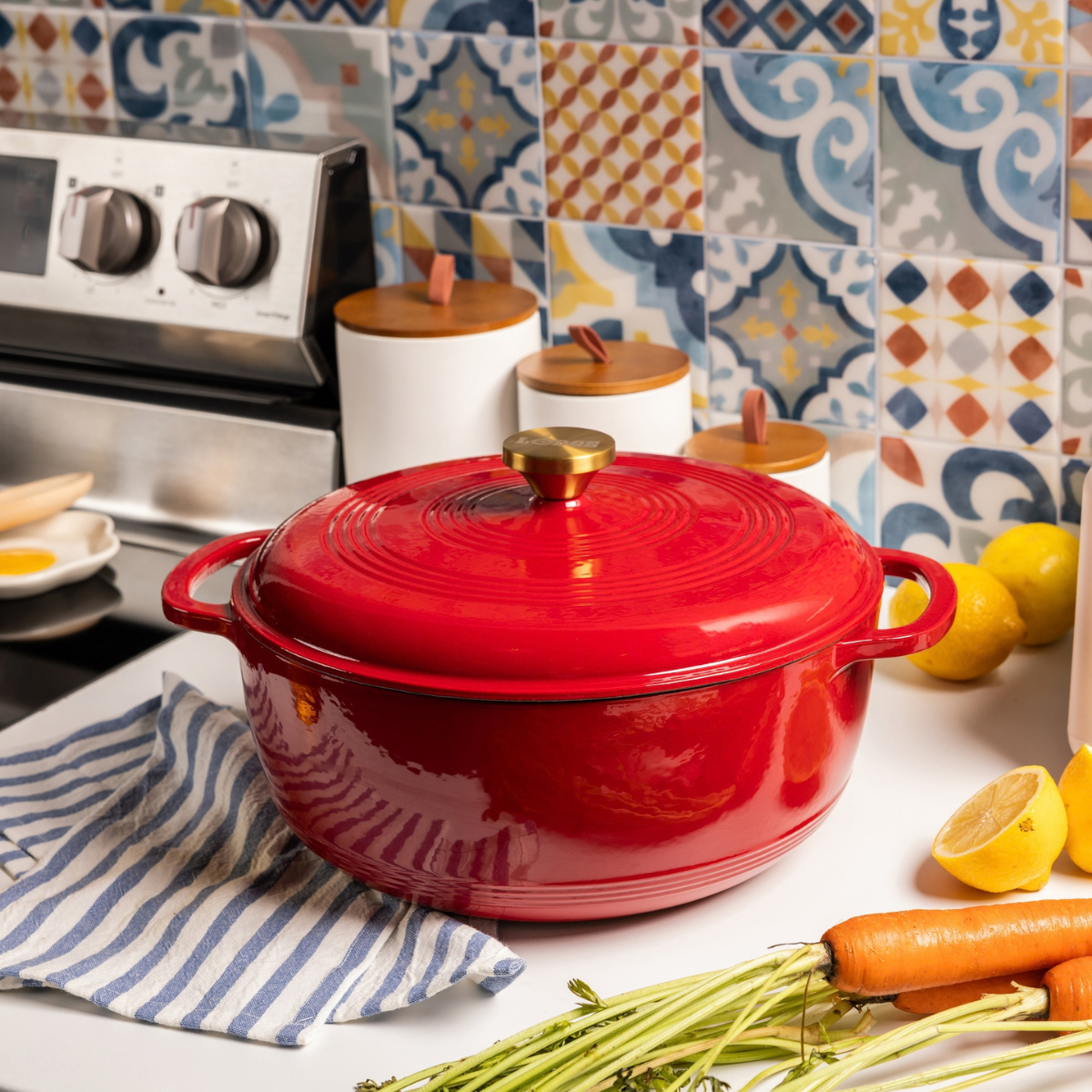 Lodge 7.5Quart 11.5" Ruby Enameled Cast Iron Dutch Oven Enamel Pot with Gold Knob (EC7D402G)