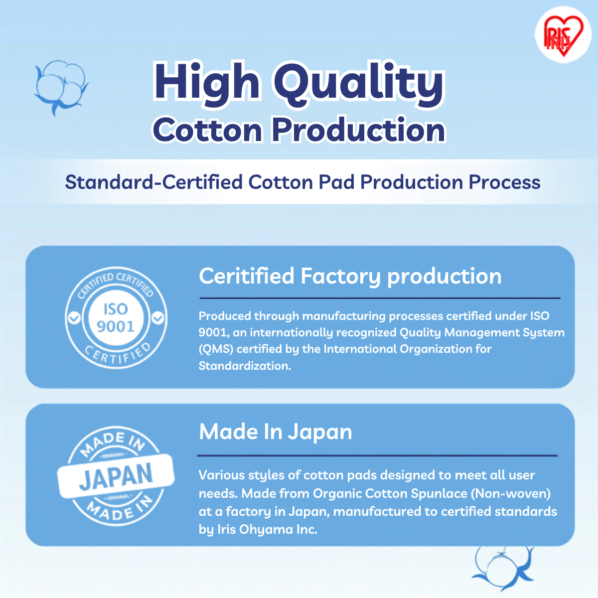 IRIS OHYAMA 4-Layer Less Toner Cotton Pads 80pcs 100% Japanese Cotton Toner-Saving Facial Cotton Pads (COT-4L)