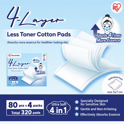 IRIS OHYAMA 4-Layer Less Toner Cotton Pads 80pcs 100% Japanese Cotton Toner-Saving Facial Cotton Pads (COT-4L)