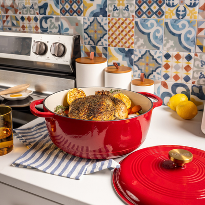 Lodge 7.5Quart 11.5" Ruby Enameled Cast Iron Dutch Oven Enamel Pot with Gold Knob (EC7D402G)