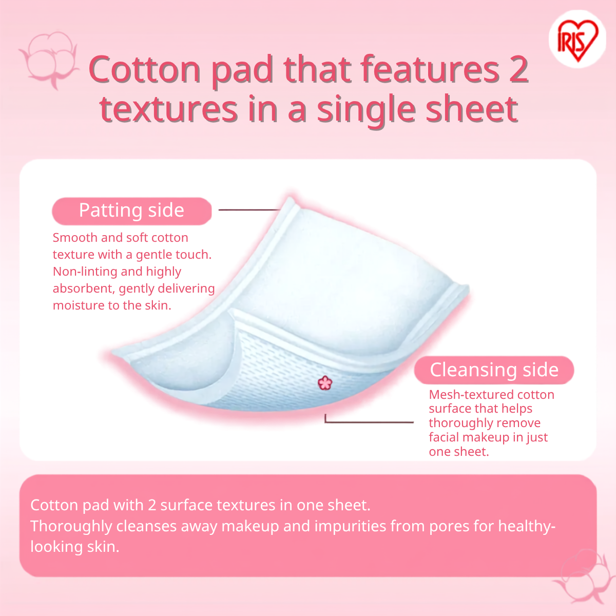 IRIS OHYAMA 2-Way Cleansing Cotton Pads 80pcs Dual Texture Japanese Facial Cotton Pads Smooth & Exfoliating (COT-2L)