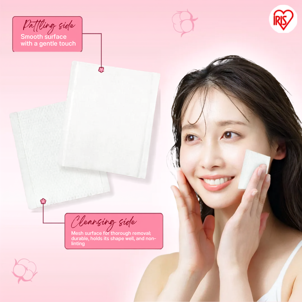 IRIS OHYAMA 2-Way Cleansing Cotton Pads 80pcs Dual Texture Japanese Facial Cotton Pads Smooth & Exfoliating (COT-2L)