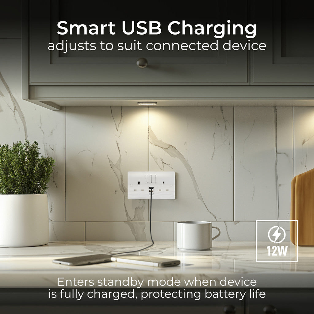 British General BG Moulded Double Gang Switched 13A Power Socket With 12W USB-C+A (822UAC12)
