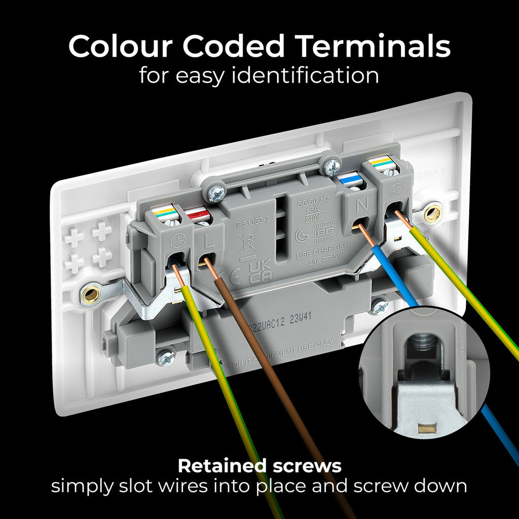 British General BG Moulded Double Gang Switched 13A Power Socket With 12W USB-C+A (822UAC12)