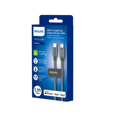 Philips USB A to USB C, USB C to USB C, USB C to Lightning Cable Max Suitable for iPhone 60W Sync and Charge  (DLC5030)