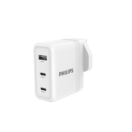 Philips 100W GaN Wall Charger – 2 USB-C + 1 USB-A | PD Fast Charging | UK Plug | (DLP6332)