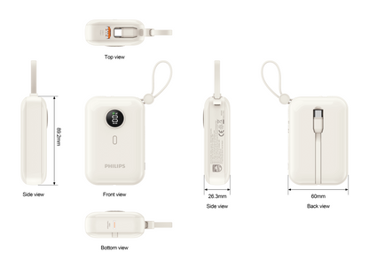 Philips 10000mAh Powerbank, 22.5W Fast Charge, Built-in USB Type C Cable, DLP2228 1 Year Warranty