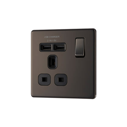 British General BG Flat plate Screwless  13A Switched Single Socket with USB Charger (FBN21U2B)