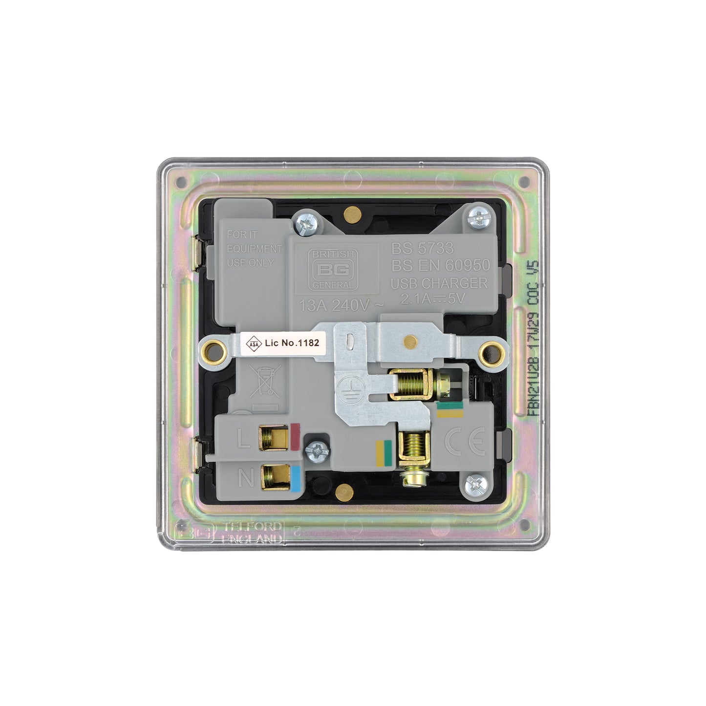 British General BG Flat plate Screwless  13A Switched Single Socket with USB Charger (FBN21U2B)