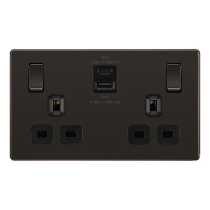 British General BG Flat plate Screwless Double Socket with 45W USB-C Charger (FBN22UAC45B)