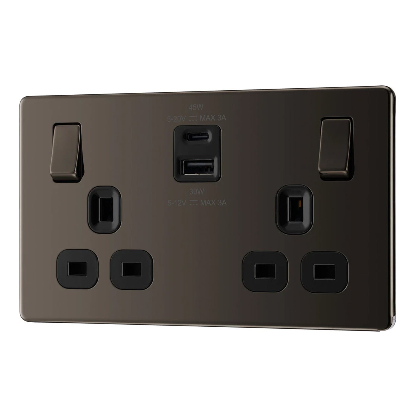 British General BG Flat plate Screwless Double Socket with 45W USB-C Charger (FBN22UAC45B)