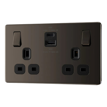 British General BG Flat plate Screwless Double Socket with 45W USB-C Charger (FBN22UAC45B)