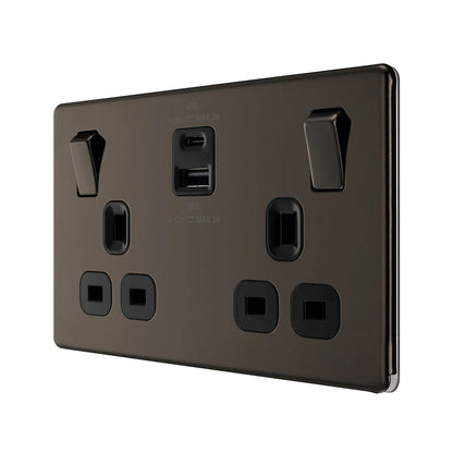 British General BG Flat plate Screwless Double Socket with 45W USB-C Charger (FBN22UAC45B)