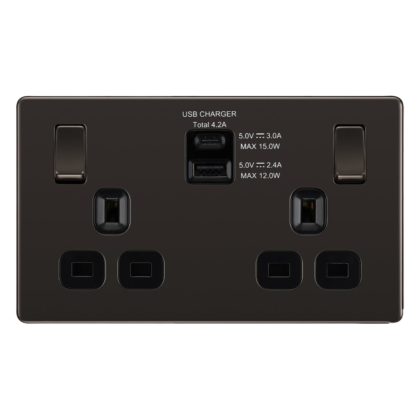 British General BG Flat Plate Double Gang USB Type-C Smart Charging Switched Socket (FBN22UACB)