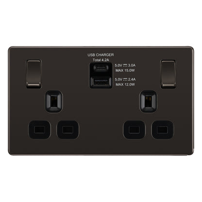 British General BG Flat Plate Double Gang USB Type-C Smart Charging Switched Socket (FBN22UACB)