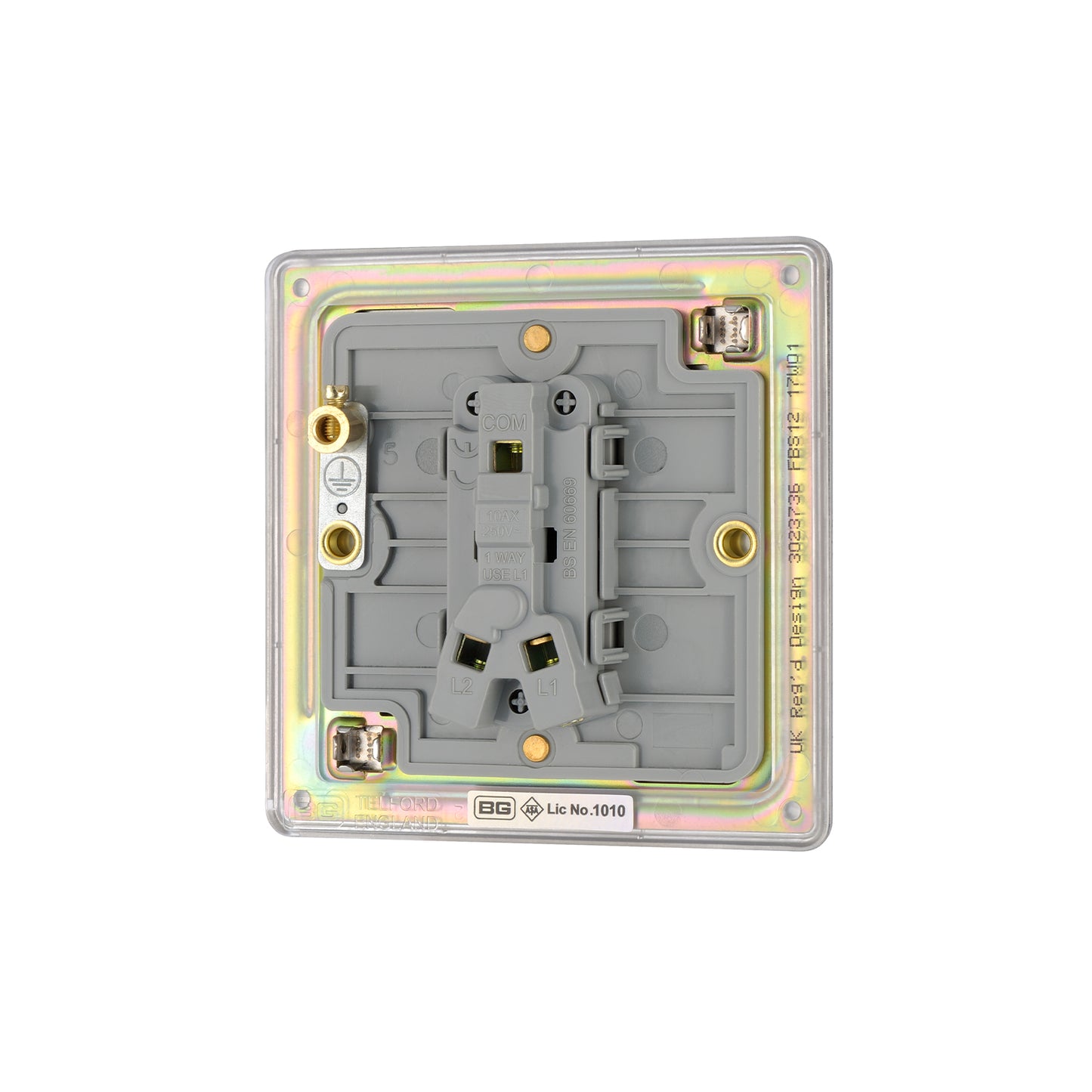 British General BG Flat Plate Screwless Single Gang 2 Way Switch, Brushed Steel (FBS12)