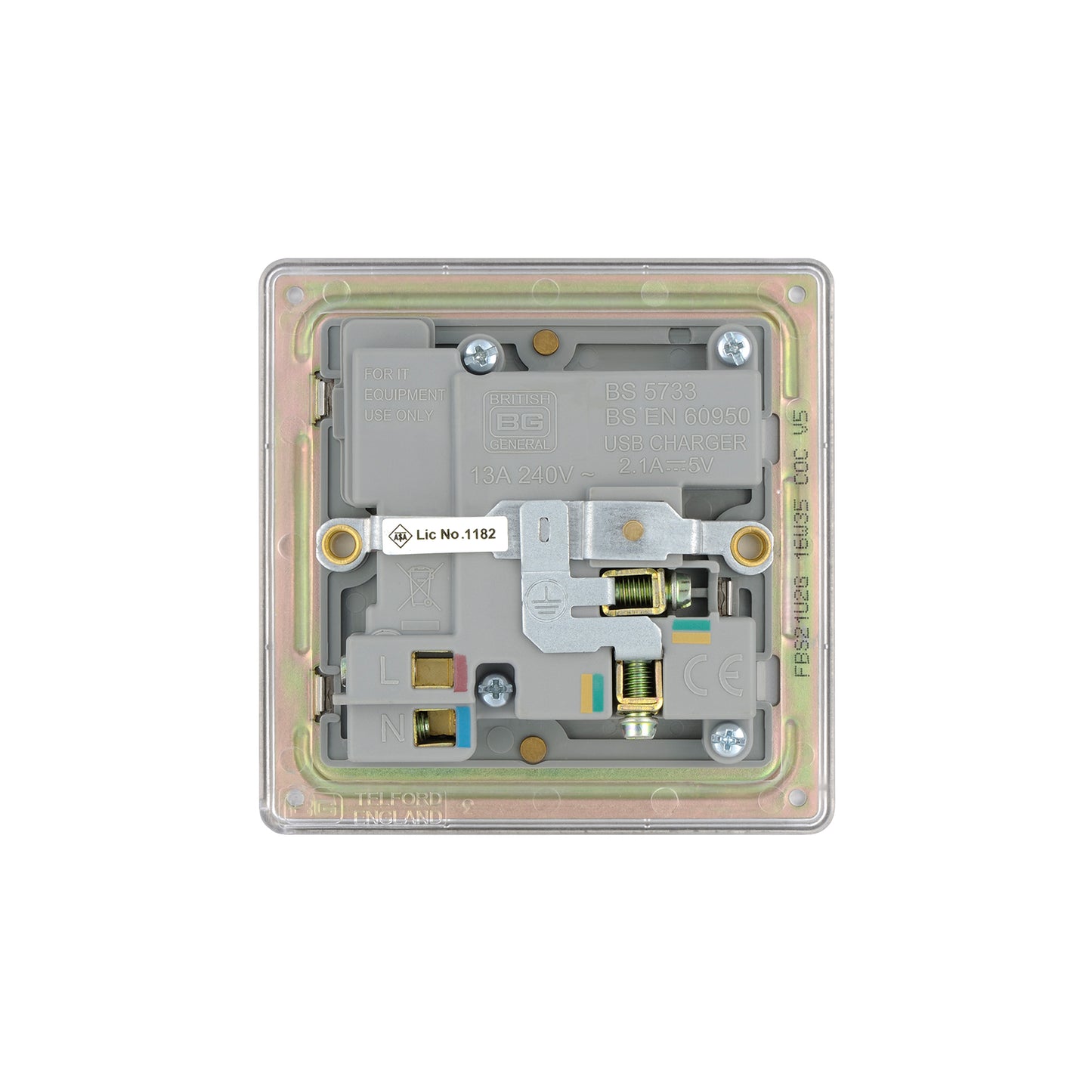 British General BG Screwless Flat plate 13A Switched Single Socket with USB Charger (FBS21U2G)