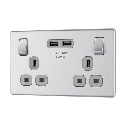 British General BG Flat plate Screwless 13A Double Socket with USB Charger  (FBS22U3G)