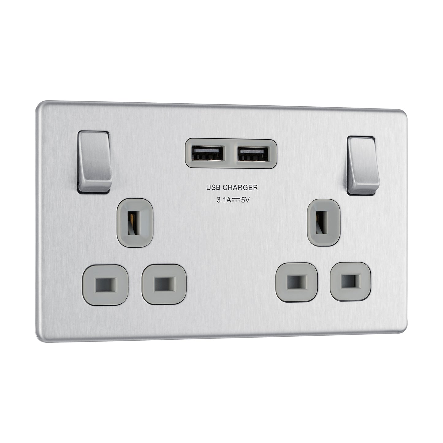 British General BG Flat plate Screwless 13A Double Socket with USB Charger  (FBS22U3G)