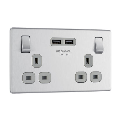 British General BG Flat plate Screwless 13A Double Socket with USB Charger  (FBS22U3G)