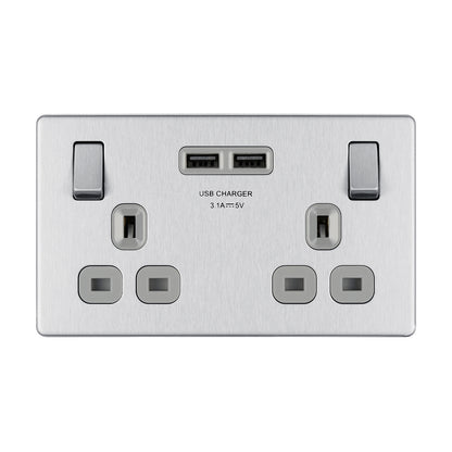 British General BG Flat plate Screwless 13A Double Socket with USB Charger  (FBS22U3G)