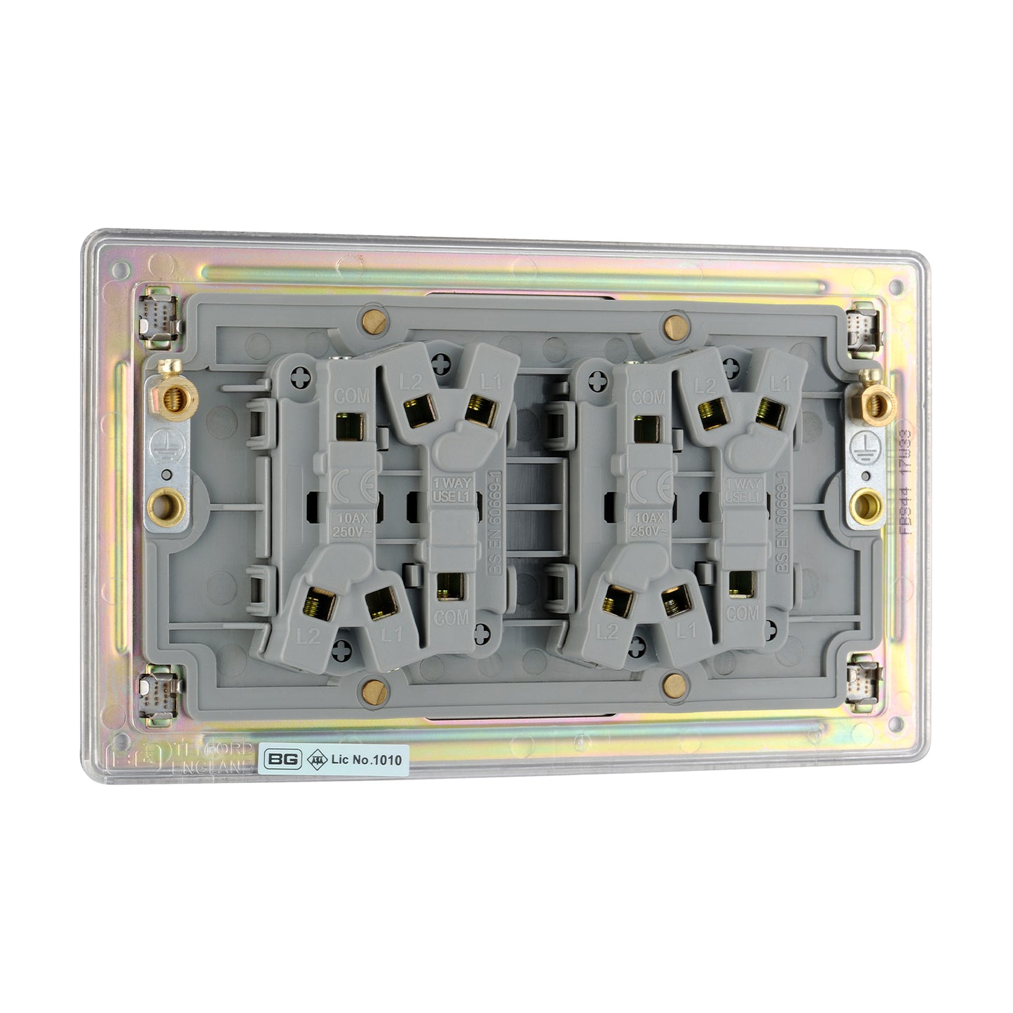 British General BG Flat plate Screwless Four Gang 2 Way Switch, Brushed Steel (FBS44)