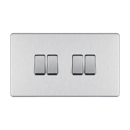 British General BG Flat plate Screwless Four Gang 2 Way Switch, Brushed Steel (FBS44)