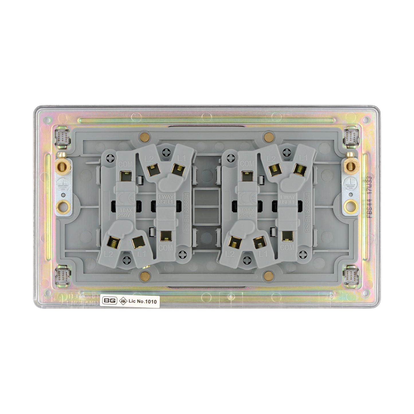 British General BG Flat plate Screwless Four Gang 2 Way Switch, Brushed Steel (FBS44)