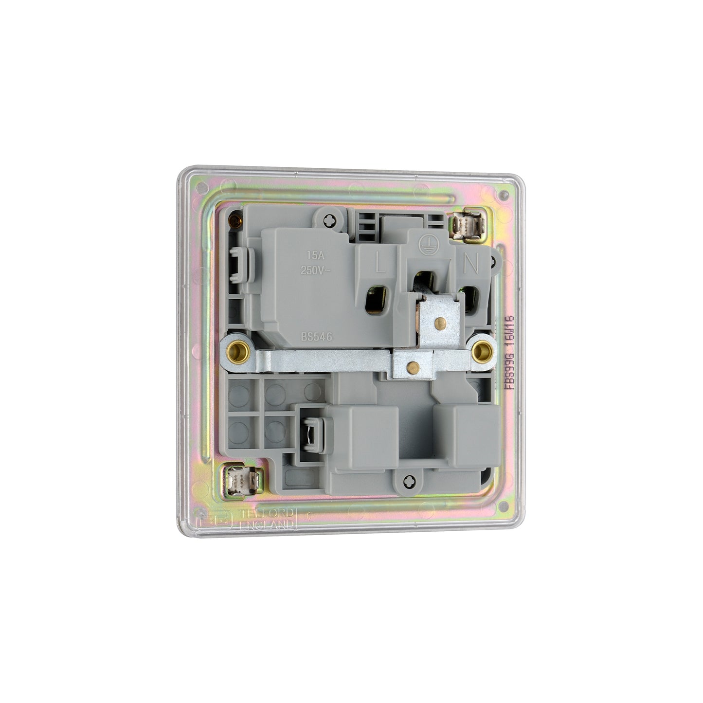 British General BG Flat plate Screwless 15A Switched Socket Brushed Steel Grey Insert (FBS99G)
