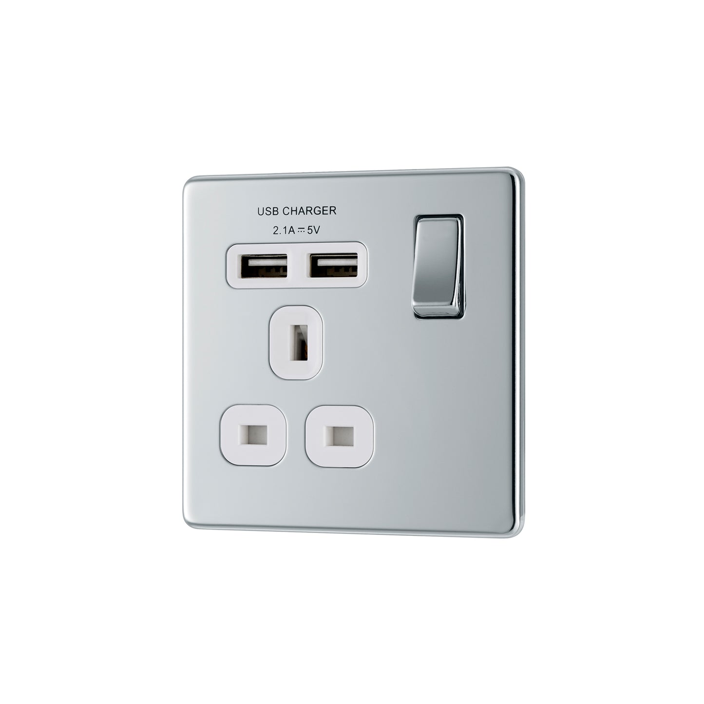 British General BG Screwless Flat plate 13A Switched Single Socket with USB Charger (FPC21U2W)