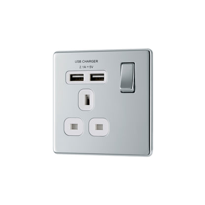 British General BG Screwless Flat plate 13A Switched Single Socket with USB Charger (FPC21U2W)