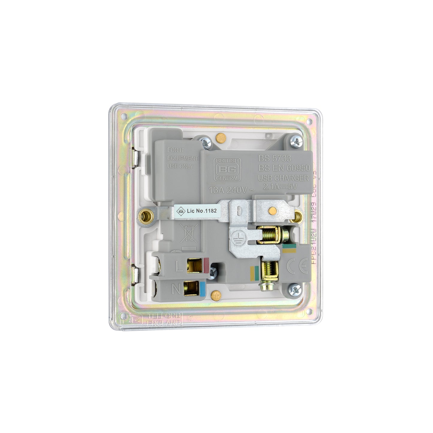 British General BG Screwless Flat plate 13A Switched Single Socket with USB Charger (FPC21U2W)