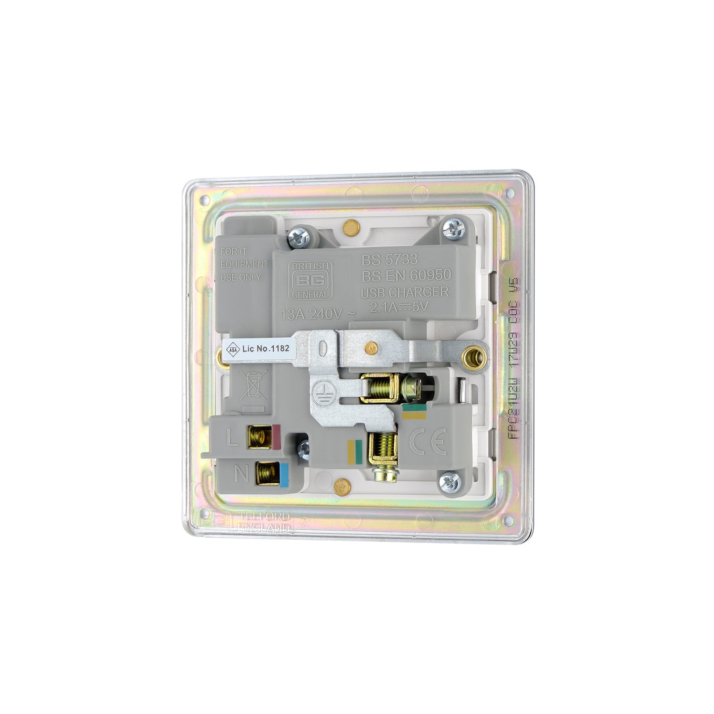 British General BG Screwless Flat plate 13A Switched Single Socket with USB Charger (FPC21U2W)