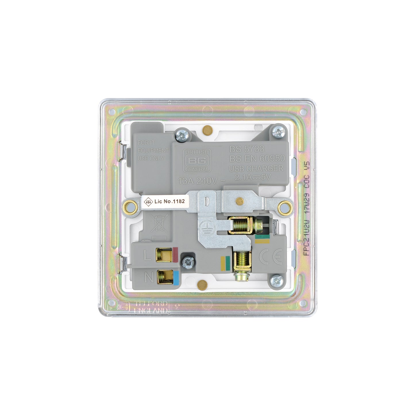 British General BG Screwless Flat plate 13A Switched Single Socket with USB Charger (FPC21U2W)