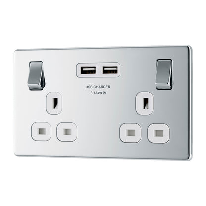 British General BG Flat plate Screwless Double Socket with USB Charger (FPC22U3W-01)