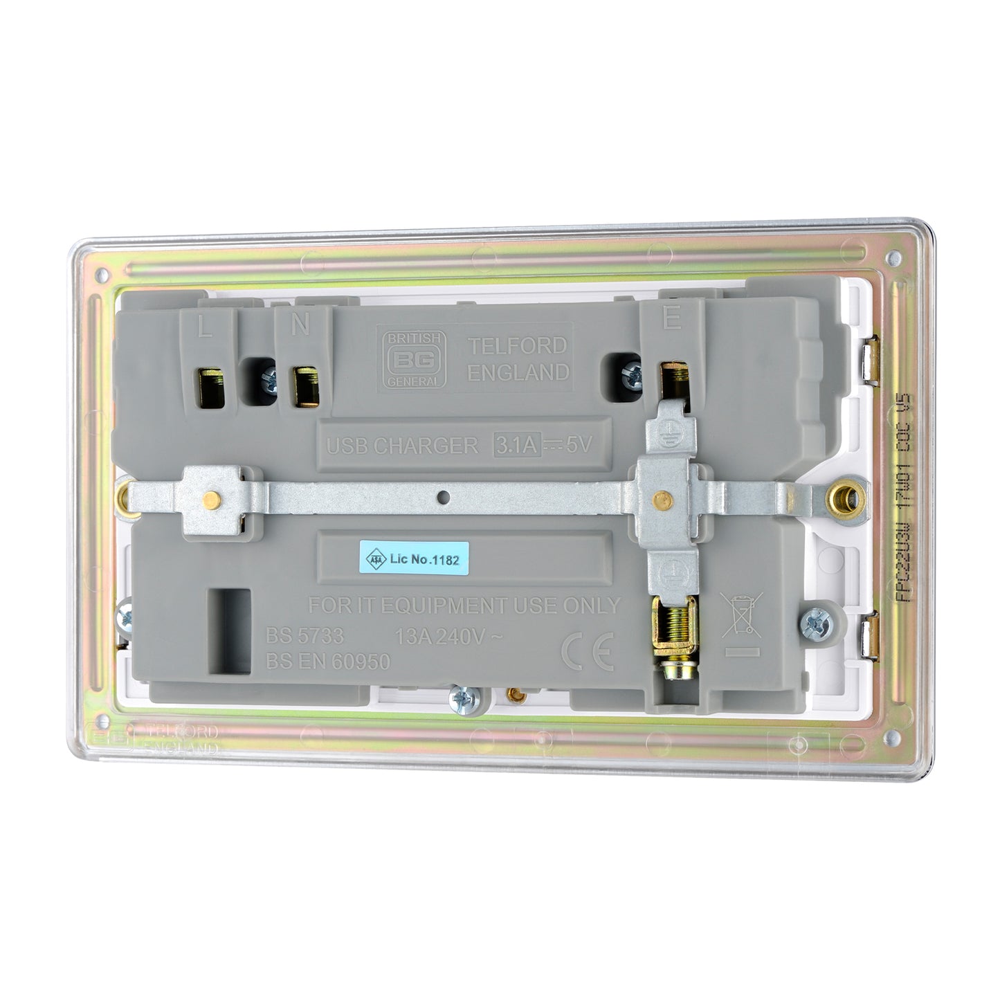British General BG Flat plate Screwless Double Socket with USB Charger (FPC22U3W-01)