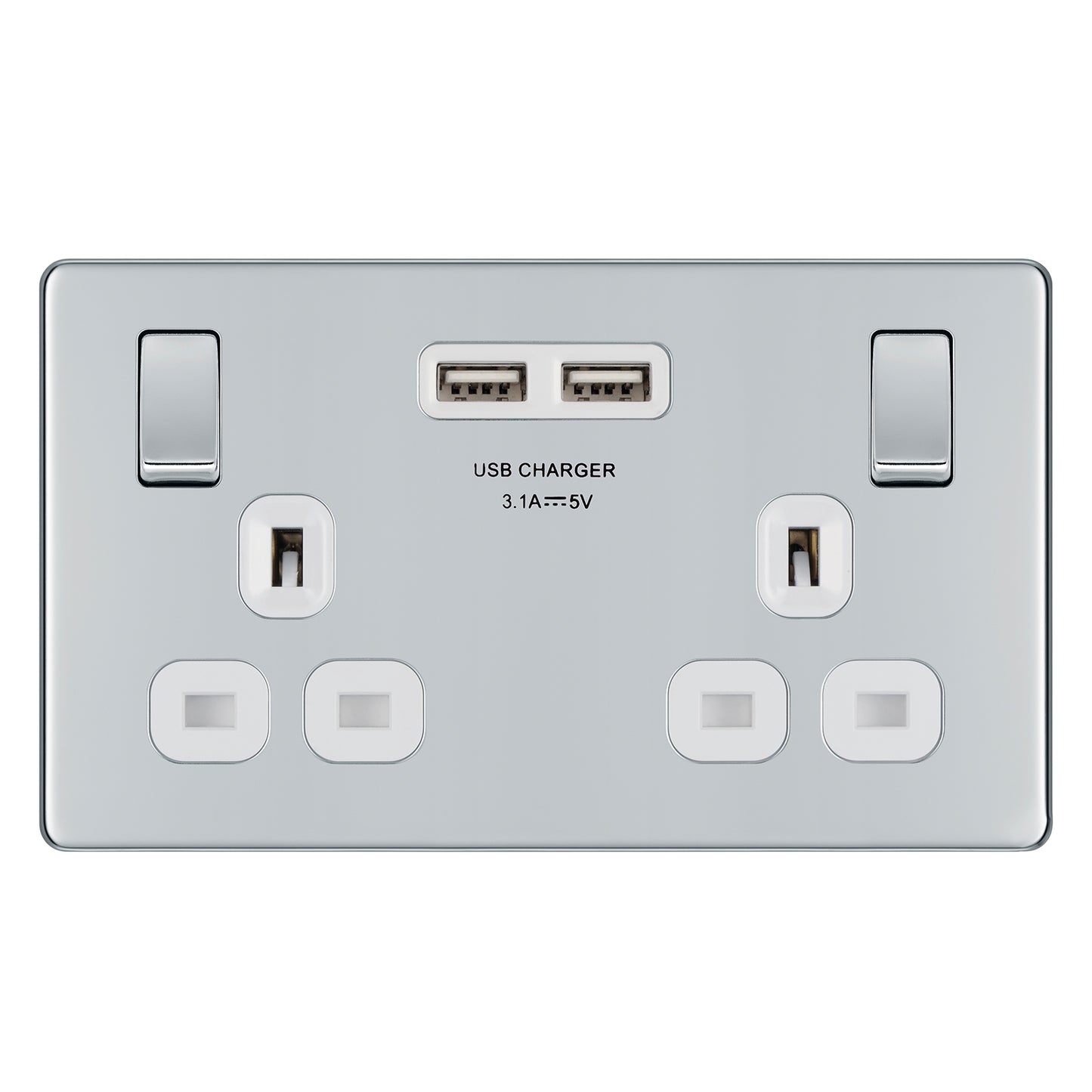 British General BG Flat plate Screwless Double Socket with USB Charger (FPC22U3W-01)