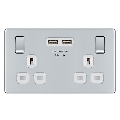 British General BG Flat plate Screwless Double Socket with USB Charger (FPC22U3W-01)