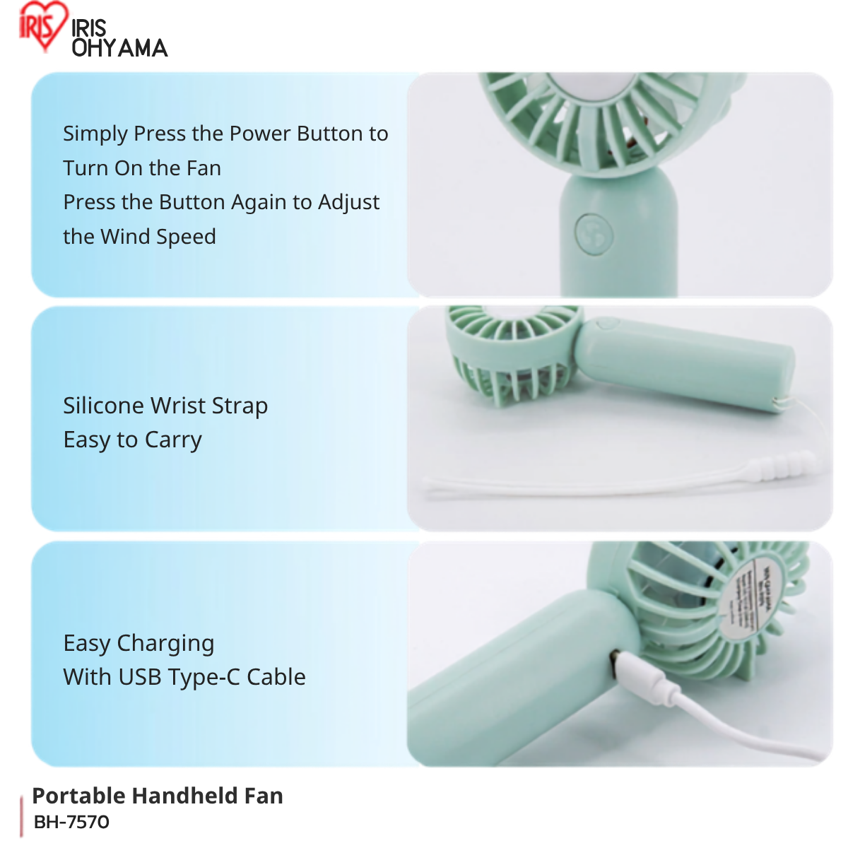IRIS OHYAMA Handy Portable Fan Mini Handheld Fan 3 Wind Speed Levels USB Type-C Rechargeable (BH-7570)