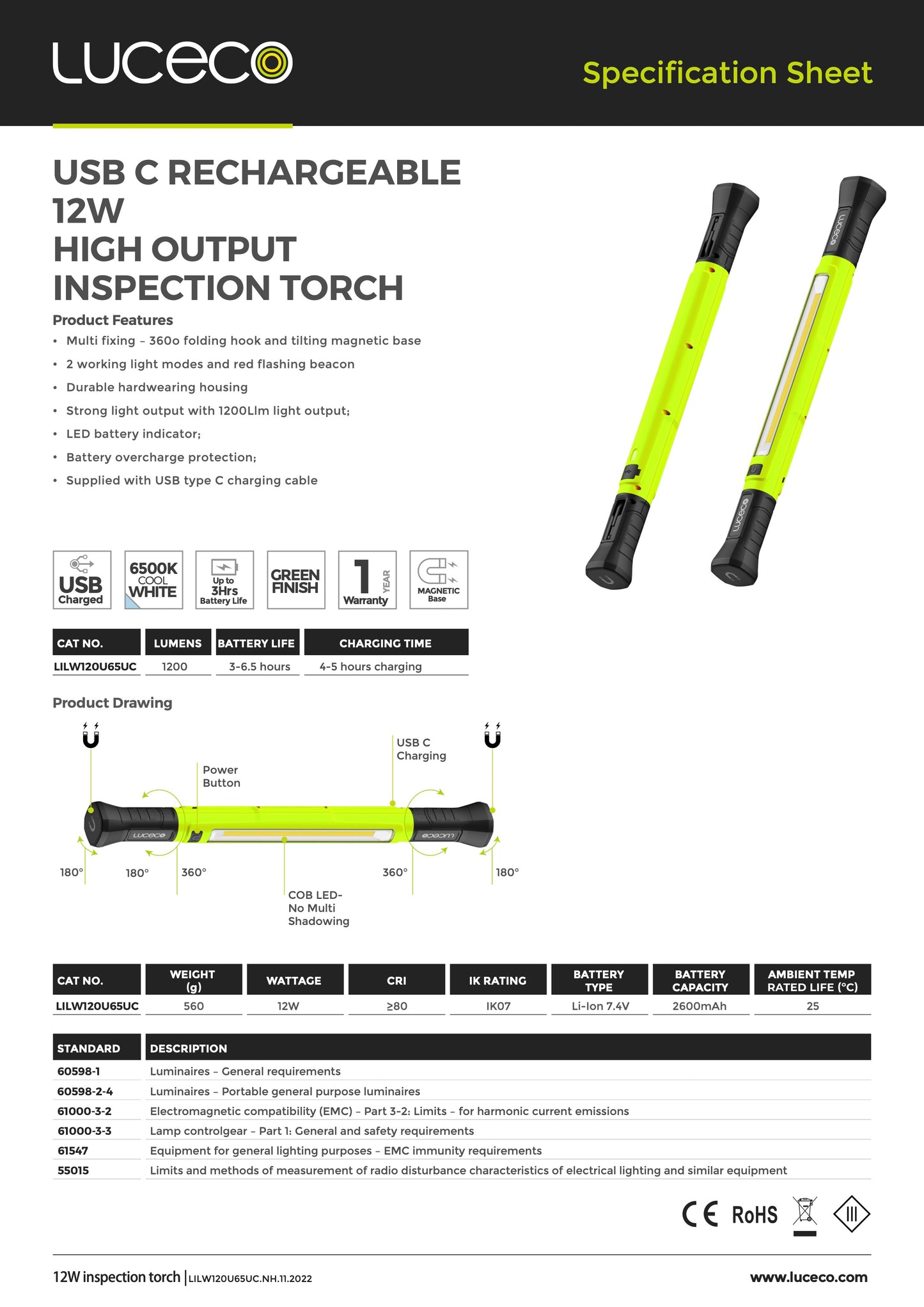 Luceco USB-C Rechargeable 12W High Output Inspection Torch (LILW120U65UC)