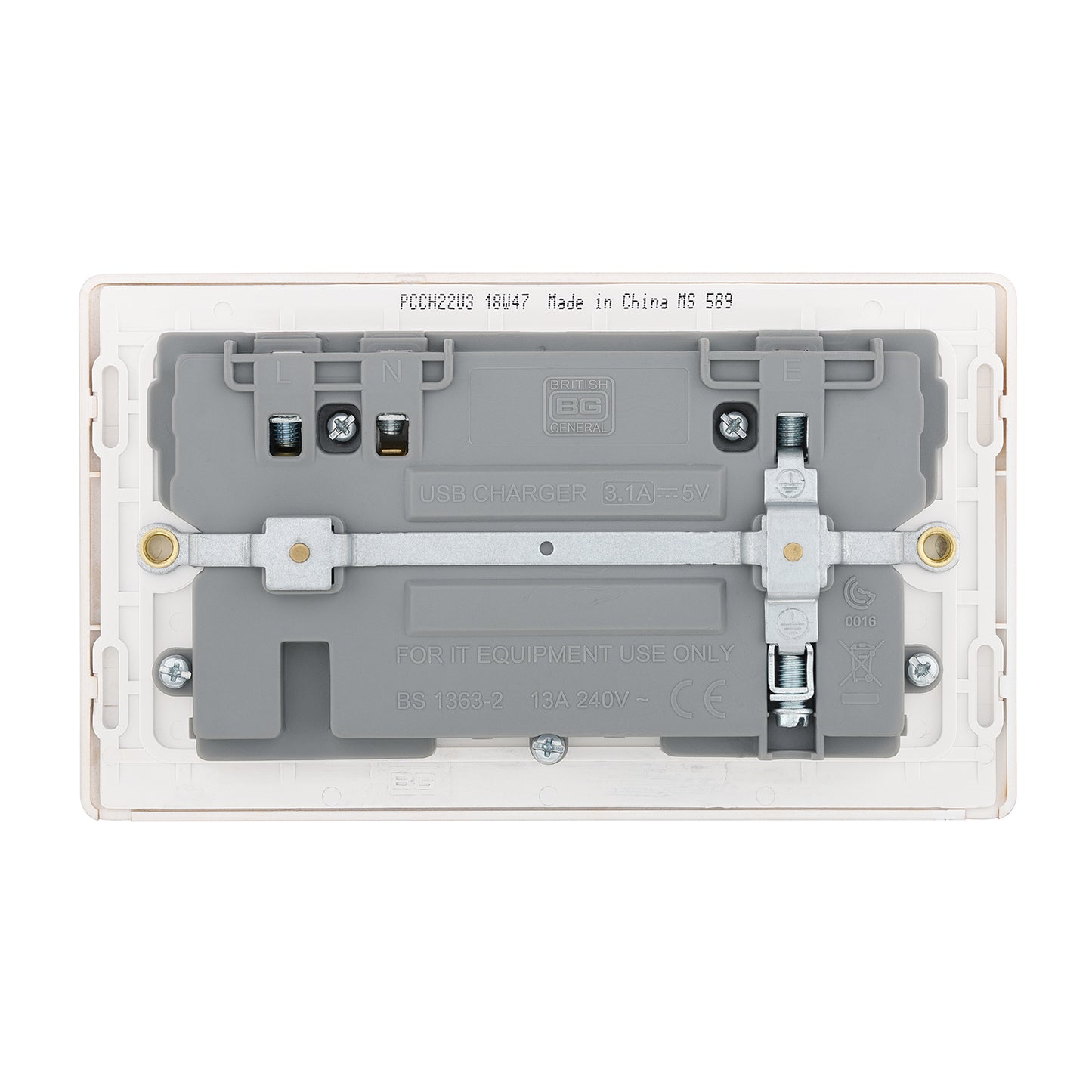 British General BG Neo Slimline Double Socket with USB Charger (PCCH22U3)