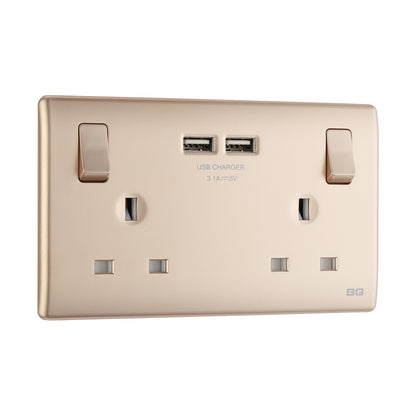 British General BG Neo Slimline Double Socket with USB Charger (PCCH22U3)